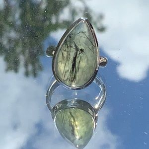 BLACK TOURMALINE IN PREHNITE 925 STERLING SILVER RING, SIZE 7.